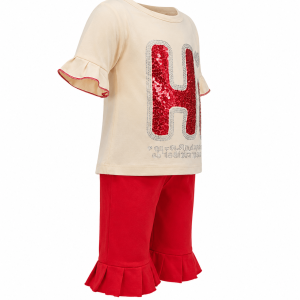 ست شلوارک دخترانه کرمی و قرمز مدل Hi - Image 3