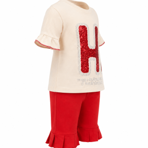 ست شلوارک دخترانه کرمی و قرمز مدل Hi - Image 4