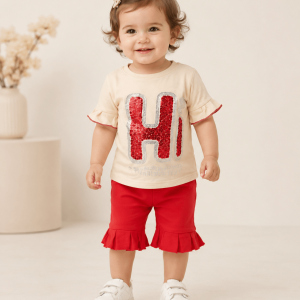 ست شلوارک دخترانه کرمی و قرمز مدل Hi - Image 1