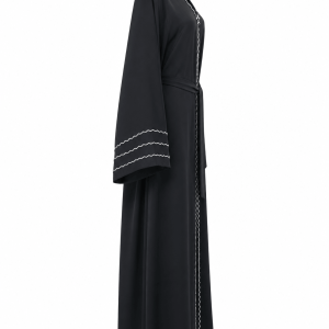 عبای زنانه سیاه کمربنددار با گلدوزی سفید - Image 4