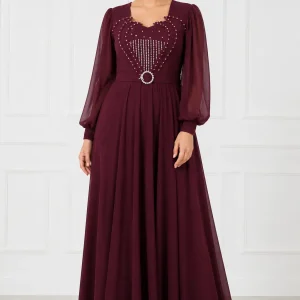 لباس مجلسی زنانه زرشکی مدل بلند نگین‌دار - Image 2