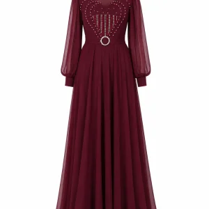 لباس مجلسی زنانه زرشکی مدل بلند نگین‌دار - Image 5