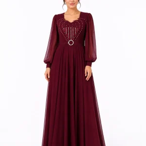 لباس مجلسی زنانه زرشکی مدل بلند نگین‌دار - Image 3