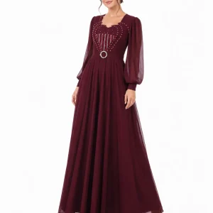 لباس مجلسی زنانه زرشکی مدل بلند نگین‌دار - Image 4