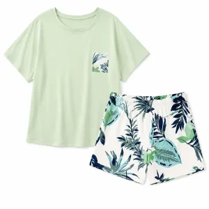 ست راحتی سبز زنانه با تیشرت نعنایی، شلوار و شلوارک برگدار - Image 5