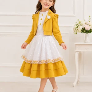 لباس زرد دخترانه با کت کوتاه و دامن چندلایه - Image 2