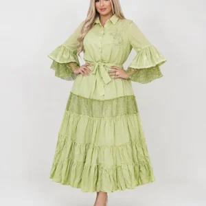 پیراهن زنانه بلند دانتل‌دار کمربنددار - Image 7
