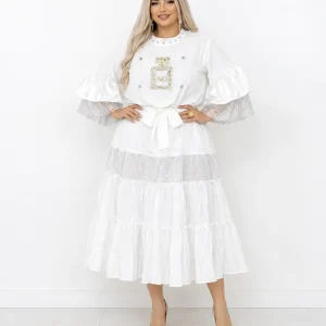 پیراهن زنانه بلند دانتل‌دار کمربنددار - Image 9