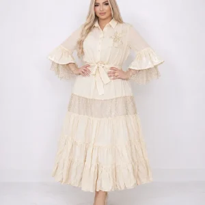 پیراهن زنانه بلند دانتل‌دار کمربنددار - Image 3