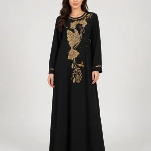 عبای زنانه سیاه گلدوزی طلایی مدل گلدار - Image 2