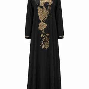 عبای زنانه سیاه گلدوزی طلایی مدل گلدار - Image 3