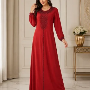 عبای زنانه مجلسی سرخ مدل نگین‌دار - Image 2