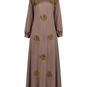عبای زنانه مجلسی قهوه‌ای مدل گل‌دوزی طلایی - Image 4