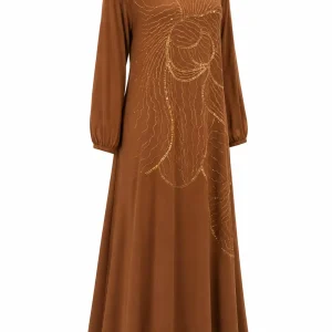 عبای زنانه قهوهای مدل نگیندوزی گلدار - Image 3