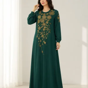 عبای زنانه سبز مدل گل‌دوزی طلایی - Image 2