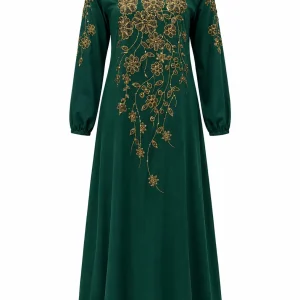 عبای زنانه سبز مدل گل‌دوزی طلایی - Image 3