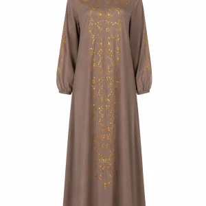 عبای زنانه قهوهای مدل گلدوزی طلایی - Image 4