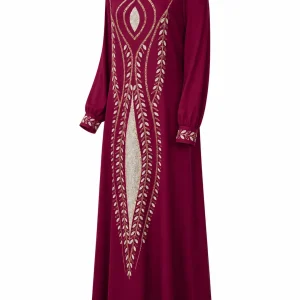 عبای زنانه زرشکی مدل گلدوزی طلایی و نقره‌ای - Image 4