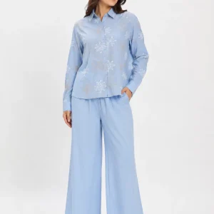 ست زنانه آبی مدل گلدوزی گل‌دار - Image 2