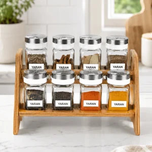 ست جاادویه ۸ پارچه شیشه‌ای با پایه چوبی