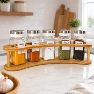 ست جاادویه ۵ پارچه شیشه‌ای با پایه چوبی