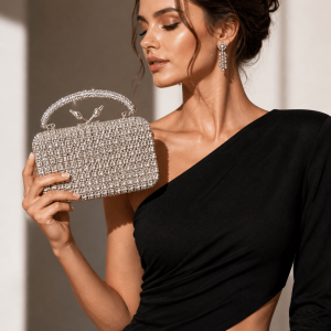 کیف دستی مجلسی زنانه نگین‌دار نقره‌ای لوکس - Image 2