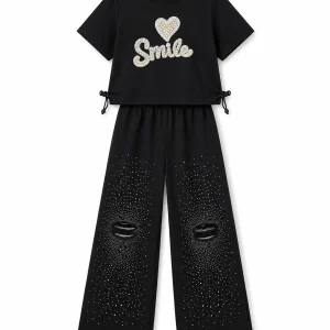 ست دخترانه Smile با تیشرت و شلوار گشاد دو رنگ - Image 4