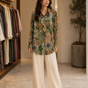 شومیز زنانه طرح‌دار سبز مدل یخن‌دار - Image 1
