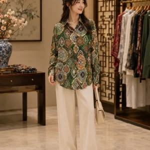 شومیز زنانه طرح‌دار سبز مدل یخن‌دار - Image 2