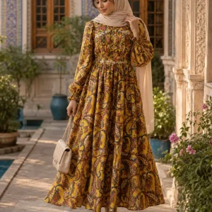 پیراهن زنانه بلند طرحدار مدل کمرچین - Image 4