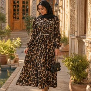 پیراهن زنانه بلند طرحدار مدل کمرچین - Image 2