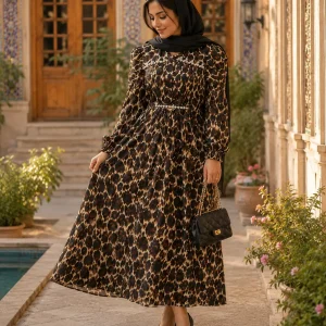 پیراهن زنانه بلند طرحدار مدل کمرچین - Image 3