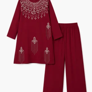 ست زنانه زرشکی مدل تونیک و شلوار نگین‌دار - Image 5
