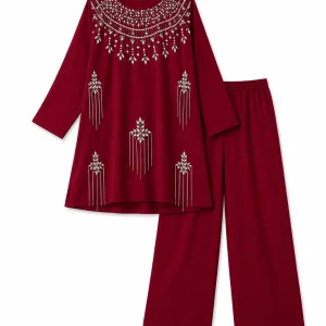 ست زنانه زرشکی مدل تونیک و شلوار نگین‌دار - Image 4