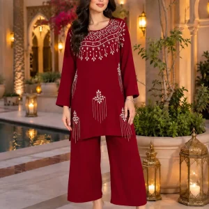 ست زنانه زرشکی مدل تونیک و شلوار نگین‌دار - Image 3