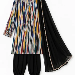 ست زنانه سه تکه مدل رنگی با شال سیاه - Image 4