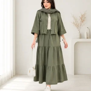ست دامن و کت زنانه زیتونی با کیف سفید و کفش اسپرت