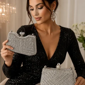 کیف دستی مجلسی نقره‌ای زنانه نگین‌دار - Image 3