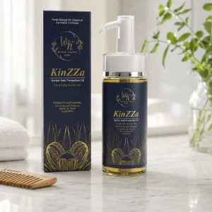 بطری و جعبه روغن موی KinZZa در فضای مراقبت مو