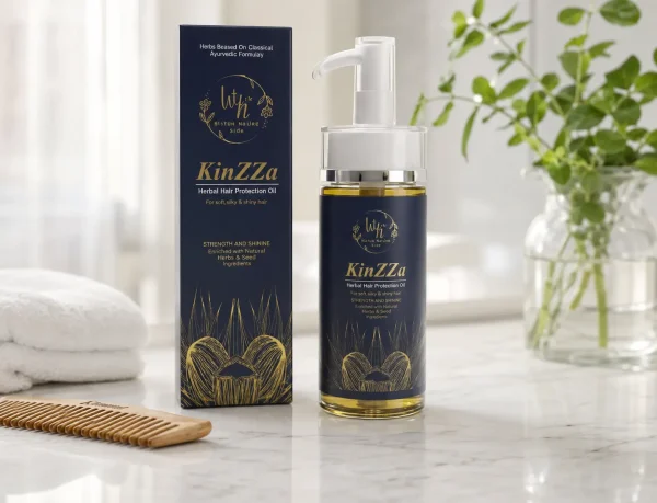 بطری و جعبه روغن موی KinZZa در فضای مراقبت مو