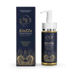 روغن موی KinZZa با جعبه و بطری روی پس‌زمینه سفید