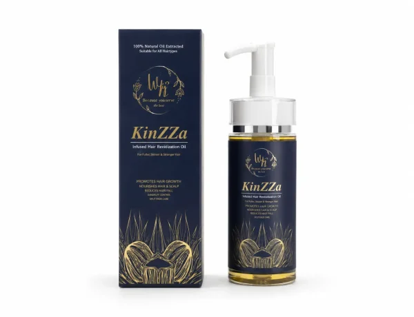 روغن موی KinZZa با جعبه و بطری روی پس‌زمینه سفید