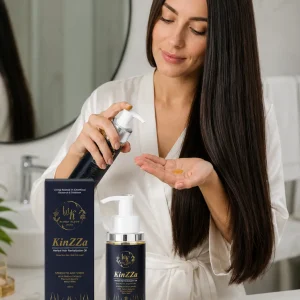 استفاده از روغن موی KinZZa با بطری پمپی کنار جعبه