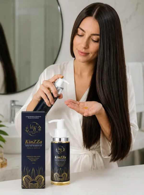 استفاده از روغن موی KinZZa با بطری پمپی کنار جعبه