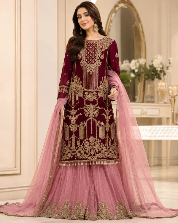 مدل پوشیده با لباس مجلسی زرشکی و دوپته صورتی