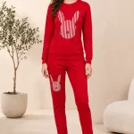 ست لباس راحتی زنانه سرخ با طرح خرگوش روی بلوز و شلوار